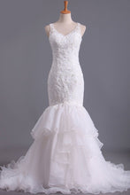 Load image into Gallery viewer, 2024 V Neck Wedding Dresses Organza With Applique &amp; Ruffles Mermaid Court Train