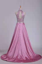 Load image into Gallery viewer, 2023 Open Back Two Pieces High Neck Prom Dresses A Line Satin With Beading