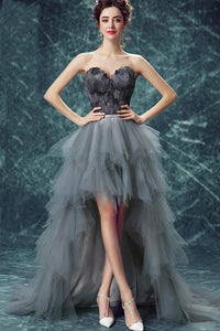 Elegant High Low Strapless Sweetheart Feathers Tulle Gray Prom Dresses with Lace SRS20415