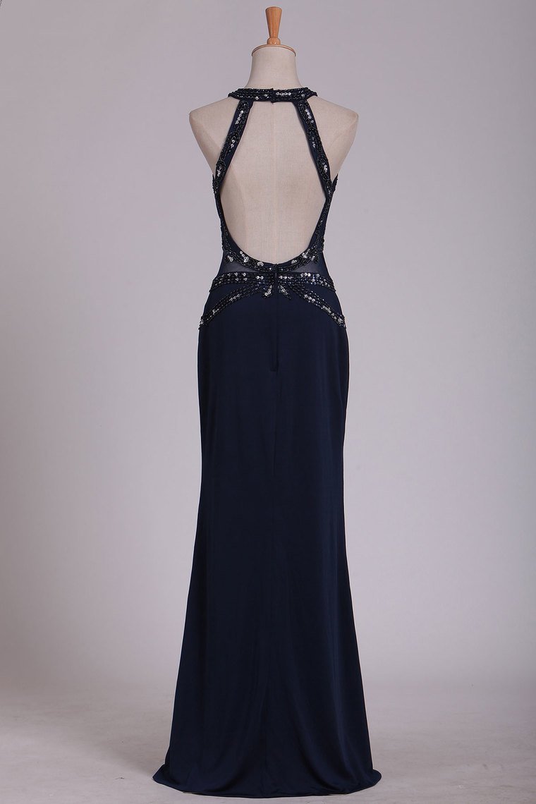 2024 Black Prom Dresses Scoop Sheath With Beading Open Back Spandex