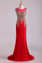 Load image into Gallery viewer, 2024 Red Prom Dresses Scoop Mermaid Sweep Spandex With Applique Sleeveless