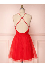 Load image into Gallery viewer, A Line V Neck Short Red/Burgundy Tulle Prom Dresses Homecoming Dresses