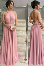 Load image into Gallery viewer, 2024 A Line Halter Prom Dresses With Beads Waistline Elastic Satin