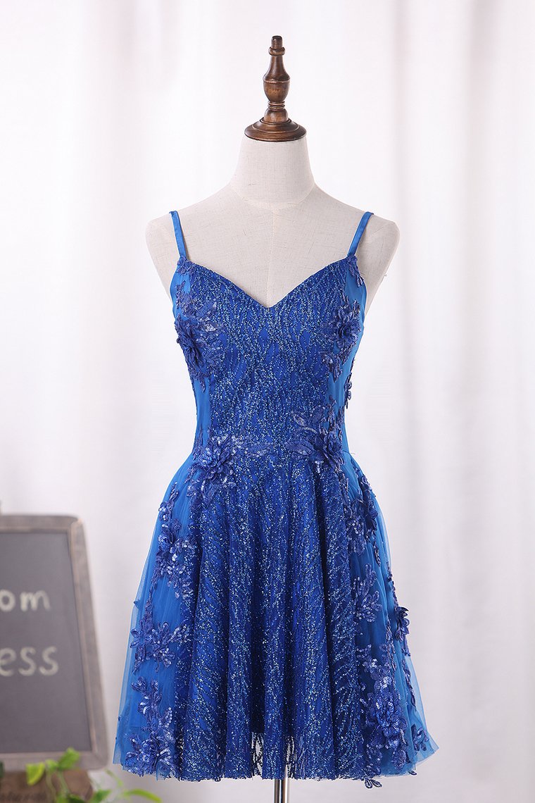 2024 A Line Spaghetti Straps Tulle Homecoming Dresses With Beads And Applique