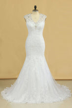 Load image into Gallery viewer, 2024 Plus Size Mermaid Wedding Dresses V Neck With Beads And Applique Court Train Tulle