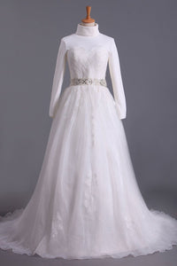 2024 Muslim Wedding Dresses Sweetheart Ball Gown Sweep/Brush Train Organza With Beading&Sequince