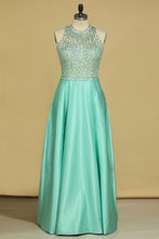Load image into Gallery viewer, 2024 Plus Size Prom Dresses A Line Scoop Beaded Bodice Open Back Satin Floor Length