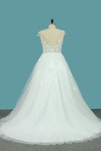 Load image into Gallery viewer, 2023 A Line Tulle Cap Sleeve Scoop Wedding Dresses With Applique Court Train