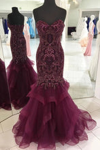 Load image into Gallery viewer, Strapless Sweetheart Long Tulle Mermaid Beads Prom Dresses, Maroon Formal Dresses SRS15433