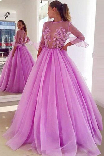Fairy Ball Gown See Through Ruffled 3/4 Sleeves Tulle Long Prom Dresses with Appliques
