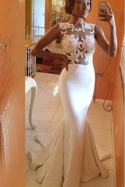 Lace Mermaid White Long Elegant Cap Sleeve Appliques High Neck Prom Dresses RS960
