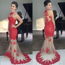 Load image into Gallery viewer, Mermaid Red Lace Bodice Modest Evening Dress With Champagne Tulle Long Party Gown RS150