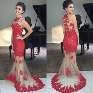 Mermaid Red Lace Bodice Modest Evening Dress With Champagne Tulle Long Party Gown RS150