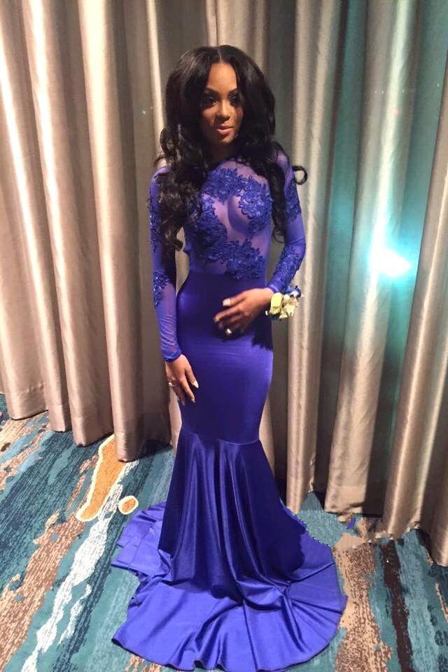 2024 Blue Sexy Appliques Long Sleeve Open Back High Neck Mermaid Prom Dresses RS735