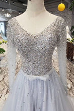 Load image into Gallery viewer, Unique Long Sleeve Tulle Sequins Prom Dresses with Lace up V Neck Evening Dresses RS796