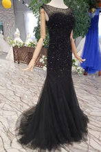 Load image into Gallery viewer, Mermaid Black Sequins Tulle Bodice Prom Dresses with Straps Long Evening Formal Dress RS797
