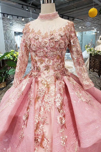 Long Sleeve Ball Gown High Neck With Lace Applique Beads Lace up Prom Dresses RS793