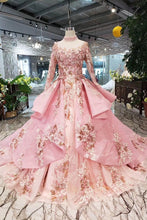Load image into Gallery viewer, Long Sleeve Ball Gown High Neck With Lace Applique Beads Lace up Prom Dresses RS793