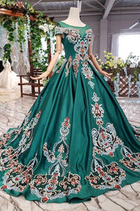 Simple Green Satin Short Sleeve Ball Gown Lace up with Applique Beads Prom Dresses RS792