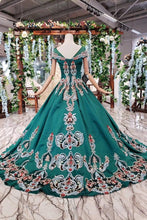 Load image into Gallery viewer, Simple Green Satin Short Sleeve Ball Gown Lace up with Applique Beads Prom Dresses RS792