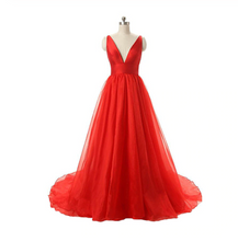 Load image into Gallery viewer, Red V-neck Backless Long Tulle Prom Dresses Evening Dresses RS494