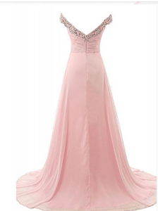 Off Shoulder Beading Bodice Long Chiffon Prom Dresses Evening DRESSESRS556