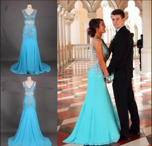 New Top Mermaid Straps Sleeveless Diamond Blue Long Prom Gown Party Dresses RS989