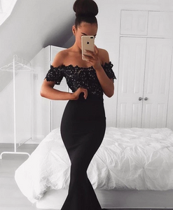 Mermaid Off the Shoulder Satin Black Short Sleeve Sweep Train Lace Prom Dresses RS418