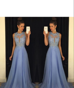 Lace Open Back Sexy Blue Chiffon Cheap A-Line Beads Sleeveless Scoop Prom Dresses RS942