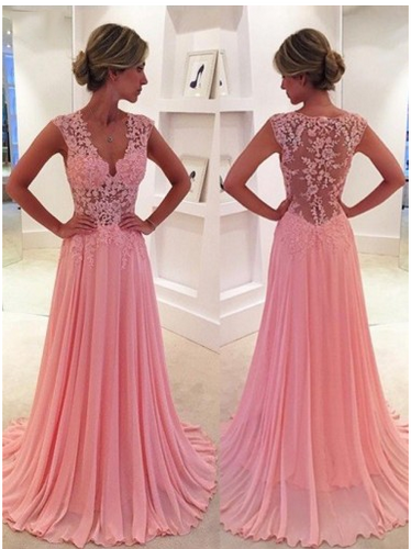 Gorgeous Pink Lace Long Sweetheart Cap Sleeve A-Line Beads Chiffon Prom Dresses RS12