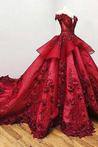 2019 Chic Ball Gown V Neck Beads Appliques Red Off-the-Shoulder Long Prom Dresses RS139