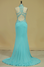 Load image into Gallery viewer, 2024 High Neck Open Back Prom Dresses With Applique Sweep Train Spandex