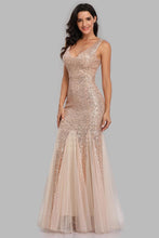 Load image into Gallery viewer, Sexy Burgundy Tulle V Neck Mermaid Sequin Prom Dresses, Evening Party Dresses SRS15332