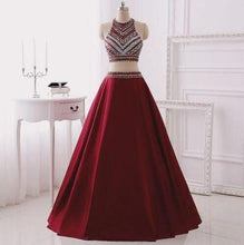Load image into Gallery viewer, Two Piece Burgundy Glitter Halter Sleeveless Sparkly Prom Dresses For Teens RS142