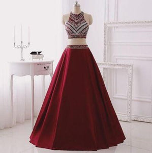 Two Piece Burgundy Glitter Halter Sleeveless Sparkly Prom Dresses For Teens RS142