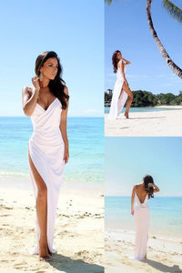 Simple Sexy Open Back Beach Side Slit Spaghetti Straps Summer White Wedding Dresses RS22