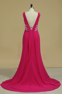 2024 Fuchsia Straps Prom Dresses Beaded Waistband Mermaid Sweep Train Chiffon
