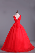 Load image into Gallery viewer, 2024 Deep V Neckline Prom Dress Organza Floor Length Backless Sexy Red