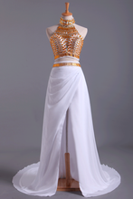 Load image into Gallery viewer, 2024 Two-Piece Prom Dresses High Neck With Beading Chiffon White