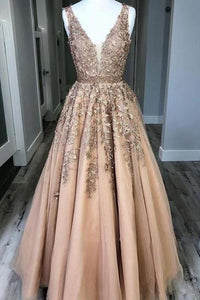 2024 Prom Dress Tulle A-Line V-Neck Sweep Train With Appliques