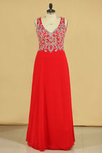 Load image into Gallery viewer, 2024 Red Plus Size V Neck Beaded Bodice Chiffon &amp; Tulle A Line Prom Dresses