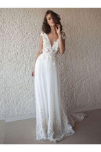 Load image into Gallery viewer, A-Line V-Neck Cap Sleeves Tulle Beach Wedding Dresses With Appliques