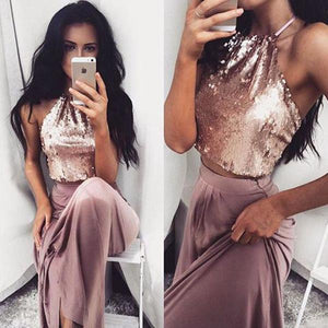 Sexy Two Pieces Shinny Sequin Long A-line Halter Prom Dresses RS687