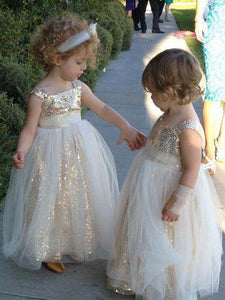 Cute Glitter A Line Gold Sequins Tulle Flower Girl Dresses, Little Girl Dresses SRS15573