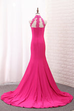 Load image into Gallery viewer, 2024 Satin Mermaid High Neck Prom Dresses With Applique Sweep Train