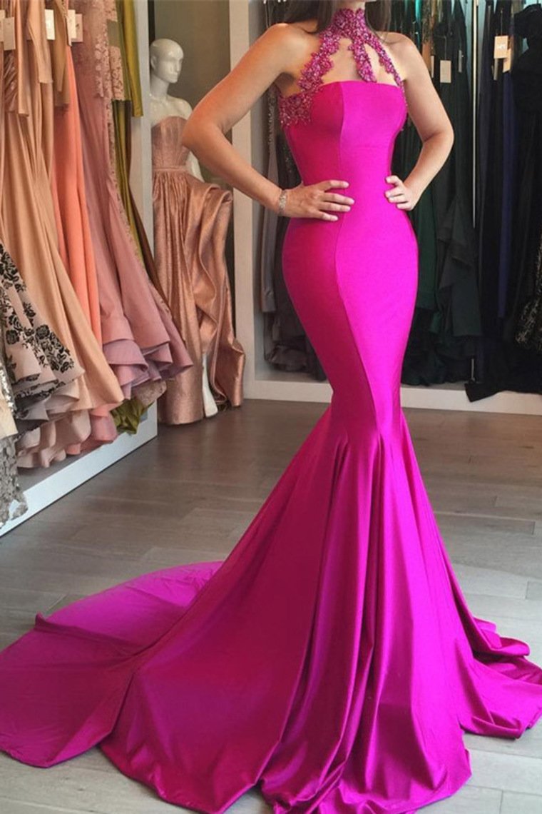 2023 New Arrival High Neck Satin With Applique Mermaid Sweep Train Prom Dresses