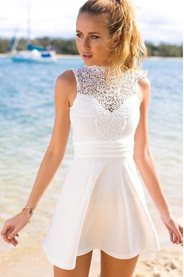 White Simple Short Cheap Open Back Sleeveless Cute Lace Graduation Homecoming SRS14525