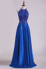 Load image into Gallery viewer, 2024 Satin Prom Dresses Scoop Beaded Bodice Open Back A Line Floor Length