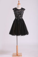 Load image into Gallery viewer, 2024 Black Scoop Short/Mini Homecoming Dresses A Line Tulle With Applique And Beading