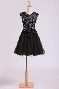 2024 Black Scoop Short/Mini Homecoming Dresses A Line Tulle With Applique And Beading